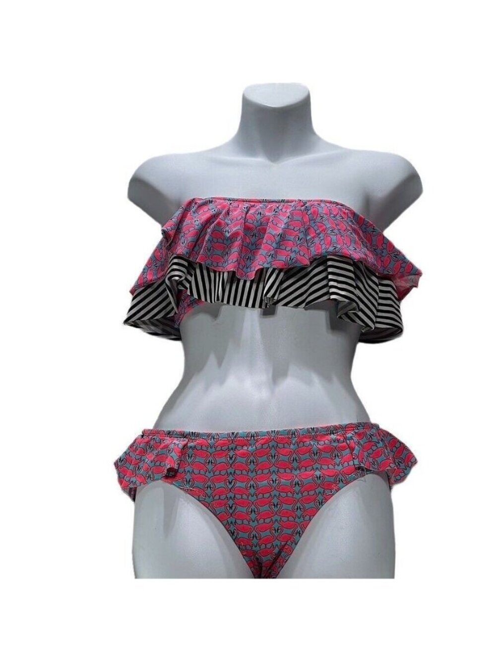 Urban Sea Womens Ruffled Bandeau Bikini Set Flamingo & Striped Design Size S/M